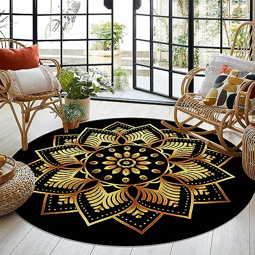 Menkala Teppich Rund 100 cm Boho Style Vintage Mandala Schwarz Gold Blumen Muster Waschbarer rutschfest Kurzflor Wohnzimmerteppich Bohemien Deko für Wohnzimmer Schlafzimmer Balkon Flur Garten von Menkala