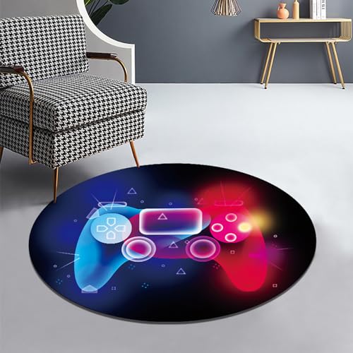 Menkala Teppich Rund 120cm Gamer Junge Blau Rot 3D Controller Gaming Muster Modern Flauschiger Rug Antirutschunterlage Waschbarer rutschfeste Teenager Kinderzimmer Schlafzimmer Wohnzimmer Carpet von Menkala