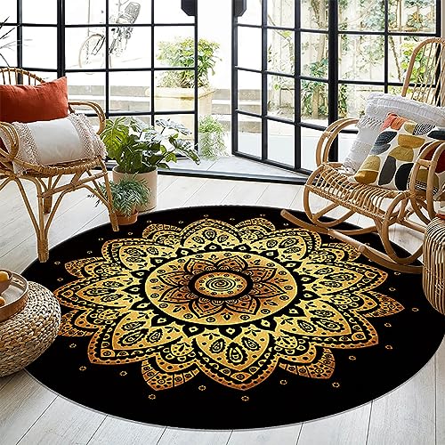 Menkala Teppich Rund 140cm Boho Style Vintage Mandala Schwarz Gold Blumen Muster Waschbarer rutschfest Kurzflor Wohnzimmerteppich Bohemien Deko für Wohnzimmer Schlafzimmer Flur Balkon Garten von Menkala