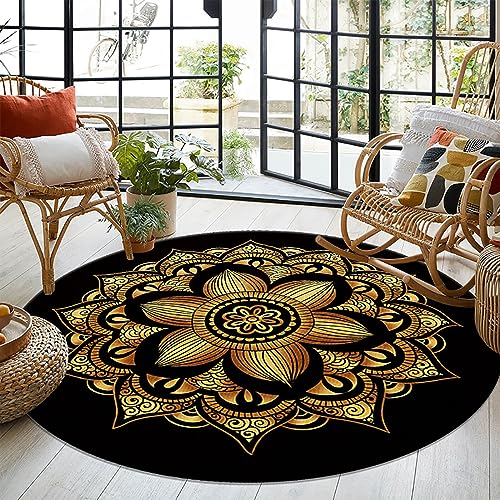 Menkala Teppich Rund 160 cm Schwarz Gold Boho Style Vintage Mandala Blumen Muster Waschbarer rutschfest Kurzflor Wohnzimmerteppich Bohemien Deko für Wohnzimmer Schlafzimmer Flur Balkon Garten von Menkala