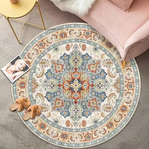 Menkala Teppich Rund 200 cm Boho Style Vintage Blumen Beige Bunt Mandala Muster Waschbarer rutschfest Kurzflor Wohnzimmerteppich Bohemien Deko für Wohnzimmer Schlafzimmer Flur Balkon Garten von Menkala