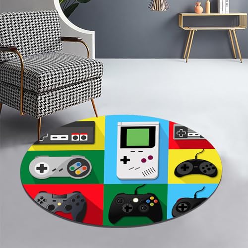 Menkala Teppich Rund 200cm Gamer Junge Bunt 3D Controller Gaming Muster Modern Flauschiger Rug Antirutschunterlage Waschbarer rutschfeste Teenager Kinderzimmer Schlafzimmer Wohnzimmer Carpet von Menkala