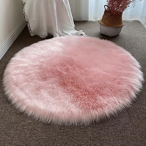 Menkala Teppich Rund Flauschig Rosa Kunstfell Weich Modern Teppiche Hochflor Waschbar rutschfest Fellteppich Für Schlafzimmer Wohnzimmer Kinderteppich Stuhlkissen Balkon Bettumrandung Klein 60 cm von Menkala