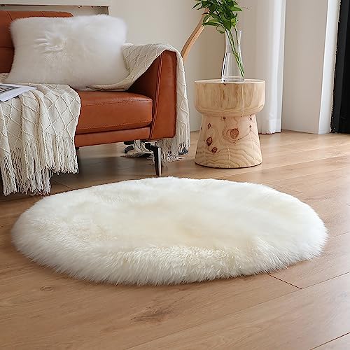 Menkala Teppich Rund Flauschig Weiß Kunstfell Weich Modern Teppiche Hochflor Waschbar rutschfest Fellteppich Für Schlafzimmer Wohnzimmer Kinderteppich Stuhlkissen Balkon Bettumrandung Groß 120 cm von Menkala