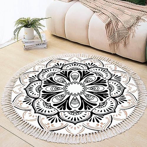 Menkala Teppich Schwarz Weiß Rund Wohnzimmer Herz Mandala Muster Runder Modern Boho Teppiche Baumwolle Wohnzimmerteppich Abwaschbar Carpet für Schlafzimmer Couch Balkon Küche Büro Flur Esszimmer 120 von Menkala