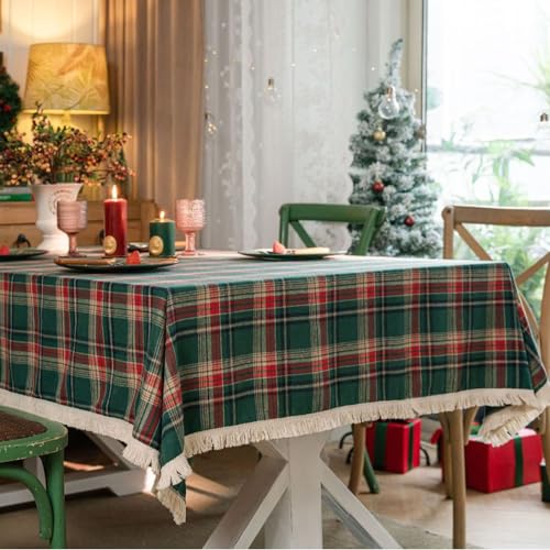 Menkala Tischdecke Abwaschbar Weihnachten Grün Kariert Tischtuch mit Quasten Romantisch Landhausstil Baumwolle Leinen Weihnachtstischdecke Rechteckig 140x160cm für Home Küche Speisetisch Dekoration von Menkala