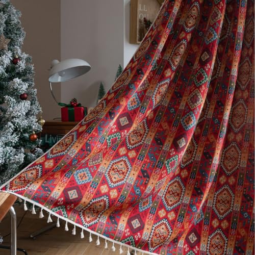 Menkala Vorhänge 2er Set Durchscheinend Verdunkelung Vorhang Baumwolle Leinen Rot Geometrisch Landhausstil Gardinen Verdunklungsvorhänge mit Ösen für Wohnzimmer Schlafzimmer 260x150 cm (H x B) von Menkala