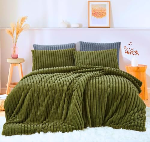 Menkala Warm Fleece Winter Bettwäsche 200x200 Olivgrün Cashmere Touch Plüsch Bettbezug Flauschig Kaninchenfell Fleece Microfaser Grün Winterbettwäsche mit Reißverschluss und 2 Kissenbezug 80x80 von Menkala