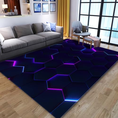 Menkala Waschbar Teppich 3D Hexagon Blau Abstrakt Geometrisches Muster Teppich Modern Wohnzimmer rutschfest Bodenmatte für Spielzimmer Kinderzimmer Balkon Bettvorleger Schlafzimmer 160x230 cm von Menkala