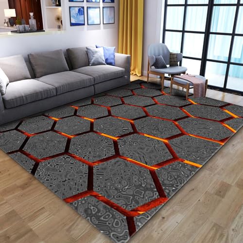 Menkala Waschbar Teppich 3D Hexagon Grau Orange Abstrakt Geometrisches Muster Teppich Modern Wohnzimmer rutschfest Bodenmatte für Spielzimmer Kinderzimmer Balkon Bettvorleger Schlafzimmer 160x230 cm von Menkala