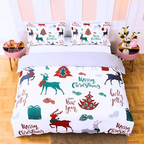 Menkala Weihnachts Bettwäsche 200x220 Weiß Weihnachtsbaum Rentiere Muster Bettbezug 3teilig Mädchen Kinderbettwäsche Mikrofaser Weihnachtsbettwäschee mit Reißverschluss & Kissenbezug 80x80 von Menkala