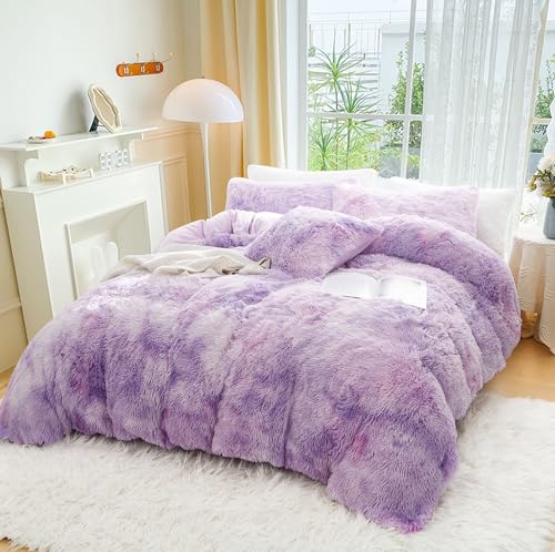 Menkala Winter Plüsch Bettwäsche 135x200 Lila Warme Langhaar Flauschig Flanell Plüschbettwäsche Set Tie Dye Shaggy Kunstfell Einzelbett Wende Bettbezug mit Reißverschluss und Kissenbezug 80x80cm von Menkala