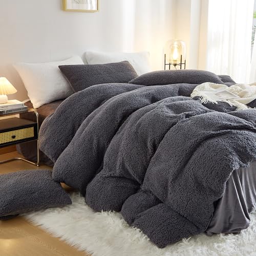 Menkala Winter Warm Bettwäsche 135x200 Dunkelgrau Teddy Fleece Cashmere Touch Bettbezug Einfarbig Anthrazit Kuschelig Flauschig Flanell Wendebettwäsche Set 2teilig Reißverschluss Kissenbezüge 80x80cm von Menkala