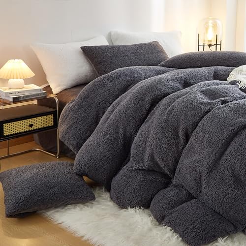 Menkala Winter Warm Bettwäsche 135x200 Grau Anthrazit Teddy Fleece Cashmere Touch Bettbezug Einfarbig Kuschelig Flauschig Flanell Wendebettwäsche Set 2 Teilig Reißverschluss Kissenbezüge 80x80cm von Menkala