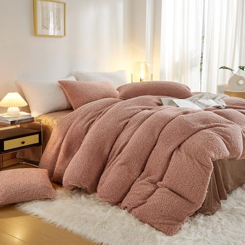 Menkala Winter Warm Bettwäsche 135x200 Rosa Mädchen Teddy Fleece Cashmere Touch Bettbezug Einfarbig Kuschelig Flauschig Sherpa Flanell Wendebettwäsche Set 2 Teilig Reißverschluss Kissenbezüge 80x80cm von Menkala