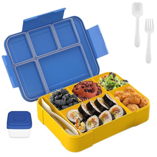 Menmamenma Brotdose Kinder mit Fächern 1330ml Brotzeitbox Lunchbox Auslaufsicher mit 6 Fächern Besteckset Jausenbox Mikrowellenfest für Kinder, Erwachsene, Garten, Schule, Picknick, Ausflug (Blau) von Menmamenma