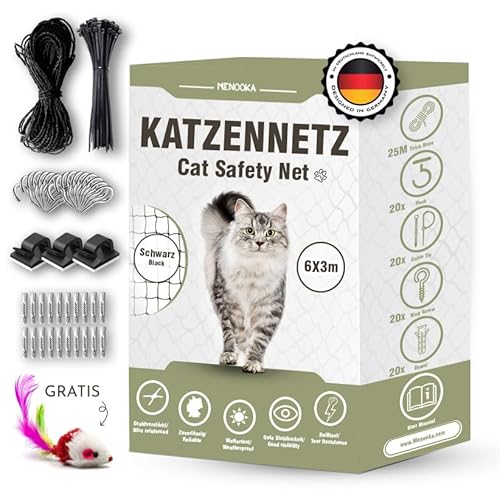 Menooka - Katzennetz für Balkon ohne Böhren 6x3m - katzennetz - katzengitter Fenster - Vogelnetz - Katzennetz Balkon - Katzennetz Fenster - Befestigungsset inklusive - kabelbinder (6x3) von Menooka