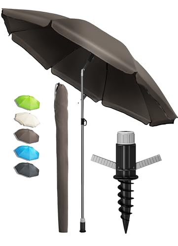 Menz 3-IN-1 SET Sonnenschirm Strand - UV 50+ Strandschirm windfest stabil + Bodenhülse + Sonnenschirm Schutzhülle – sicherer Sonnenschutz am Strand und im Garten - Fb. Beige von Menz