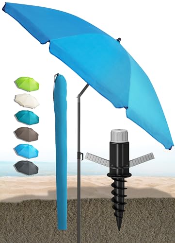 Menz 3-IN-1 SET Sonnenschirm Strand - UV 50+ Strandschirm windfest stabil + Bodenhülse + Sonnenschirm Schutzhülle – sicherer Sonnenschutz am Strand und im Garten - Fb. Blau von Menz