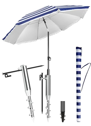 Menz 3-in-1 Sonnenschirm Strand Set, Ø 180 cm, Strandschirm Windfest Stabil mit Einschraubhülse Bodenhülse & Schirmhülle, UV50 Sonnenschutz Strand, Fb. Blau-Weiß Menz 3-in-1 Sonnenschirm Strand Set, Ø 180 cm, Strandschirm Windfest Stabil mit Einschraubhülse Bodenhülse & Schirmhülle, UV50 Sonnenschutz Strand, Fb. Blau-Weiß von Menz