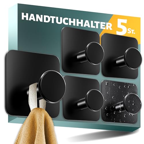 Menz Handtuchhalter ohne Bohren, 5er SET - Stilvolle schwarze Haken selbstklebend mit 3M-Spezial-Klebe-Pads - Moderne Klebehaken ideal als Wandhaken, Handtuchhaken Bad rostfrei von Menz