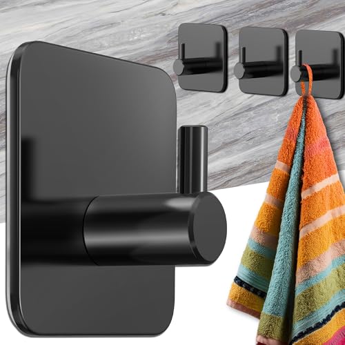 Menz Handtuchhalter ohne Bohren - 4 Stück schwarze Badezimmer Handtuchhalter, Edelstahl Klebehaken, funktionale Haken, Haken selbstklebend, Handtuchhaken für Bad, Küche, mit wasserfesten Klebepads von Menz