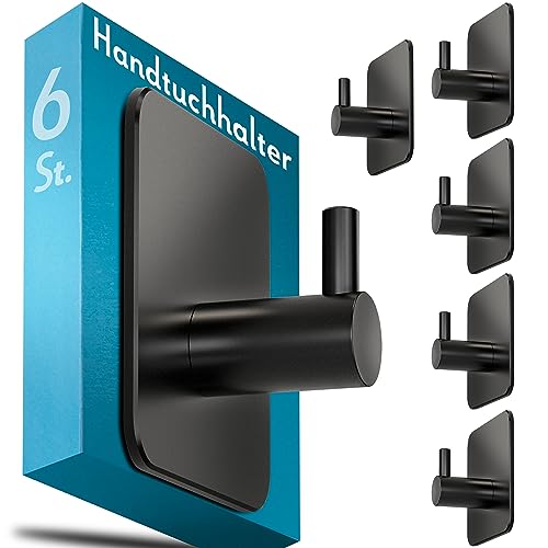 Menz Handtuchhalter ohne Bohren – 6 Stück Schwarze Haken selbstklebend mit 3M-Klebepads – 100% feuchtraumtauglich, Klebehaken ideal als Handtuchhaken von Menz