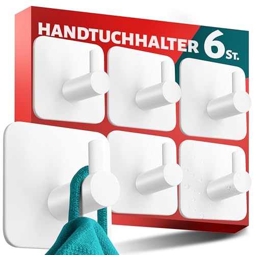 Menz Handtuchhalter ohne Bohren 6er SET - Weiße Haken selbstklebend, stilvolle Wandhaken klassisch-funktional - Starke Klebehaken als Handtuchhaken Bad von Menz