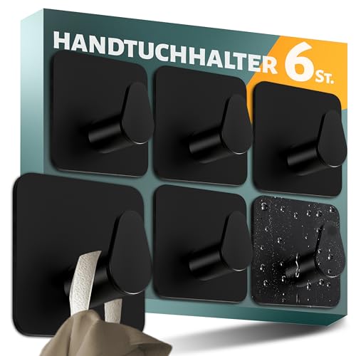 Menz Handtuchhalter ohne Bohren 6er SET in Schwarz - Handtuchhaken Bad Edelstahl, funktionale ovale Haken selbstklebend - Starke oval Klebehaken als stilvolle Wandhaken von Menz