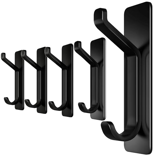 Menz Haken selbstklebend, 5er Set, Klebehaken extra stark aus Edelstahl, Kleiderhaken selbstklebend, flexibel Garderobenhaken, platzsparende Handtuchhalter ohne Bohren, schwarz matt von Menz