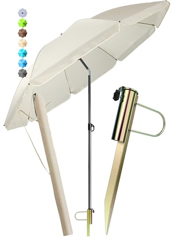 Menz Sonnenschirm Strand Ø 180 cm in Beige, 3-IN-1 Set - UPF 50+ Strandschirm windfest stabil + Schirmhülle + Rasendorn Sonnenschirmhalter - Sonnenschirm mit Rasendorn für Garten, Schirmspieß von Menz