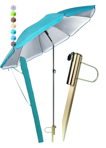 Menz Sonnenschirm Strand Ø 180 cm in Türkis, 3-IN-1 Set - UPF 50+ Strandschirm windfest stabil + Schirmhülle + Rasendorn Sonnenschirmhalter - Sonnenschirm mit Rasendorn für Garten, Schirmspieß von Menz