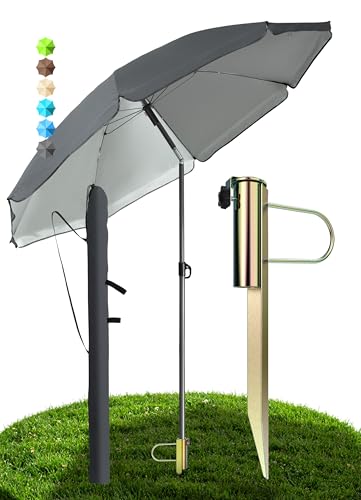 Menz Sonnenschirm Strand in Anthrazit - 3er Set inkl. Strandschirm windfest stabil + Rasendorn Sonnenschirmhalter + Sonnenschirmhülle, Sonnenschirm mit Rasendorn, robuster Schirmspieß für Garten von Menz
