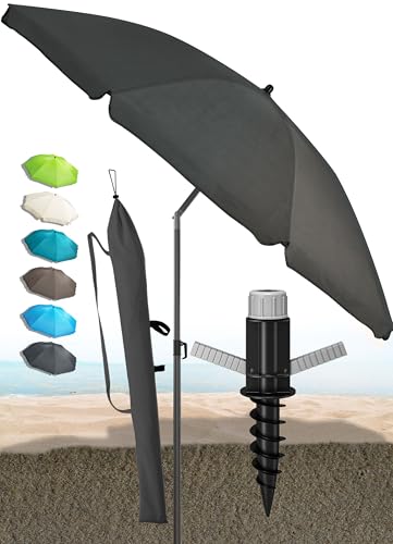 Menz Sonnenschirm Strand in Anthrazit - Komplettes 3er-Set inkl. robustem Sonnenschirm + solider Bodenhülse + langlebiger Schutzhülle, Strandschirm windfest stabil, Strandschirm mit UV50+ Schutz von Menz