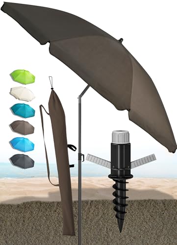 Menz Sonnenschirm Strand in Taupe - Komplettes 3er-Set inkl. robustem Sonnenschirm + solider Bodenhülse + langlebiger Schutzhülle, Strandschirm windfest stabil, Strandschirm mit UV50+ Schutz von Menz