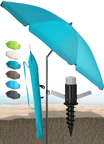 Menz Sonnenschirm Strand in Türkis - Komplettes 3er-Set inkl. robustem Sonnenschirm + solider Bodenhülse + langlebiger Schutzhülle, Strandschirm windfest stabil, Strandschirm mit UV50+ Schutz von Menz
