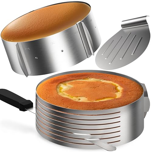 Menz Tortenzubehör - 4-teiliges Set Torten Schneidehilfe aus Edelstahl, Kuchenschneidehilfe Set mit Tortenboden Schneidehilfe Ring, Konditormesser, Tortenheber, Tortenring verstellbar hoch 8,5 cm von Menz