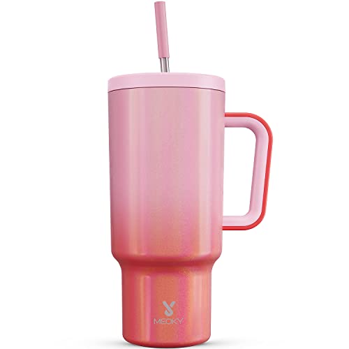 Meoky 1182 ml Becher mit Strohhalm und Deckel, 1,2 l Becher mit Griff, isolierter Edelstahl-Reisebecher, Wasserflasche, 100 % auslaufsicher, 34 Stunden kalt oder 10 Stunden heiß (Flamingo) von Meoky