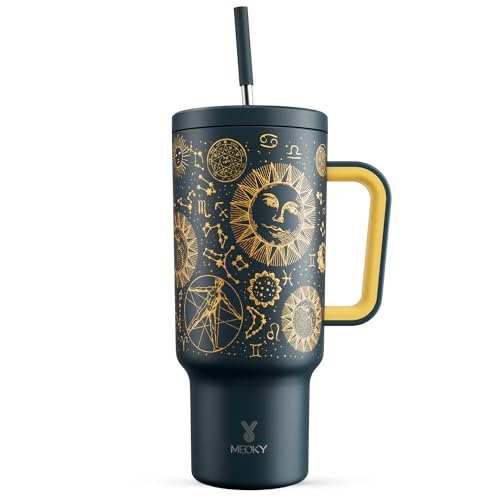 Meoky 1182 ml Becher mit Strohhalm und Deckel, 1,2 l Becher mit Griff, isolierter Edelstahl-Reisebecher, Wasserflasche, 100 % auslaufsicher, 34 Stunden kalt oder 10 Stunden heiß (Tarot) von Meoky
