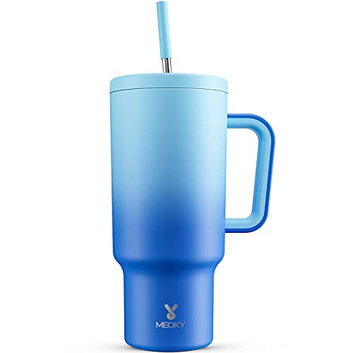 Meoky 1182ml/40oz Thermobecher mit Strohhalm und Griff, Doppelwandiger Edelstahl Vakuum Kaffeebecher to Go, 100% auslaufsicher, für Kalte und Heißer Getränke (blauer Farbverlauf) von Meoky