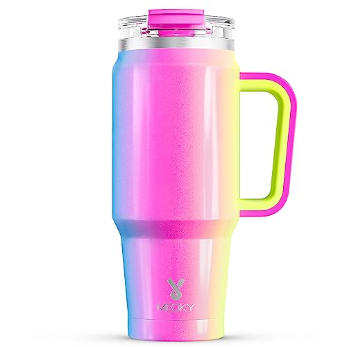 Meoky 32oz Tumbler mit Griff, isolierter Becher mit Deckel und Strohhalm, Edelstahl-Reisebecher, hält 24 Stunden kalt, 100% auslaufsicher, passt in Auto-Getränkehalter (Karneval) von Meoky