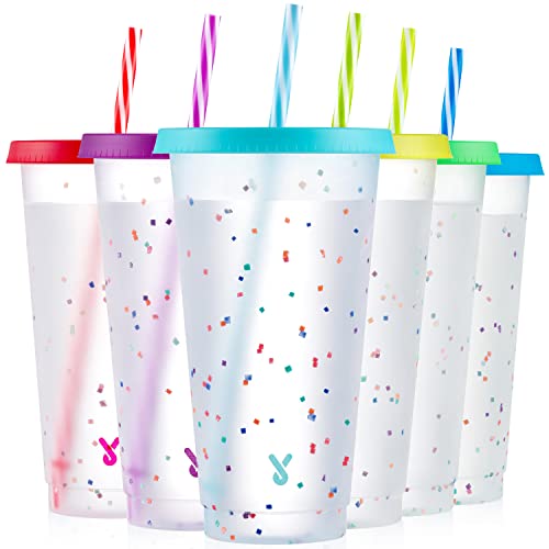 Meoky Farbwechselbecher mit Deckel und Strohhalmen – 6 Stück, 680 ml, wiederverwendbare Kunststoffbecher für Kinder und Erwachsene, Konfetti-Farbwechselbecher für Eiskaffee, Party, Pool von Meoky