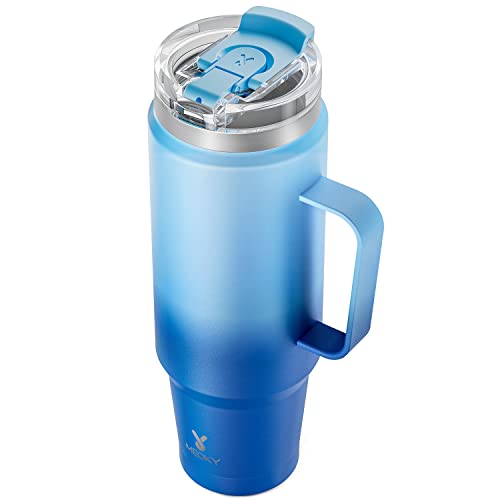 Meoky Trinkbecher mit Griff, Edelstahl-Reisebecher mit 2-in-1-Strohhalm und Trinkdeckel, vakuumisolierter Kaffeebecher, 100 % auslaufsicher, hält 34 Stunden kalt oder 10 Stunden heiß (Himmel) von Meoky
