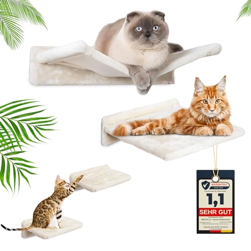 Meoville® Katzen Kletterwand Set XXL 4-Teilig Massivholz [Bis 20 kg] mit Katzenhängematte, Katzenliege, 2X Katzenstufe | Katzen Wandelemente | Katzenwand Creme weiß von Meoville