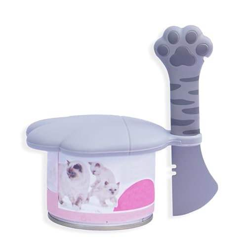 Meow&Woof Süßer Katzen-Futterdeckel mit Löffel – ein Deckel und ein Löffel, Graue Katze Patten von Meow&Woof