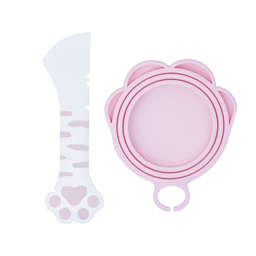 Meow&Woof Süßer Katzenfutter-Deckel mit Löffel, Weiß und Rosa, 15 cm x 1 cm, Modern, Wiederverwendbar, Luftdicht, Mit Löffel, Silikon, Dosenabdeckungen von Meow&Woof
