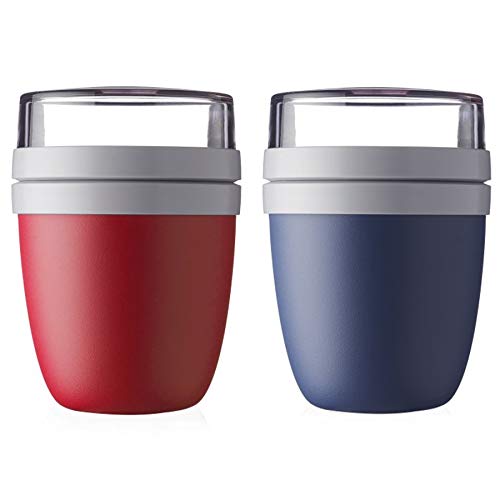 Mepal | Lunchpot Ellipse Mixed | Nordic Red + Nordic Denim | Müslibecher to go | Unterteilung für Joghurt & Müsli | 500 ml + 200 ml | Geeignet für Gefrierschrank, Mikrowelle & Spülmaschine von Mepal