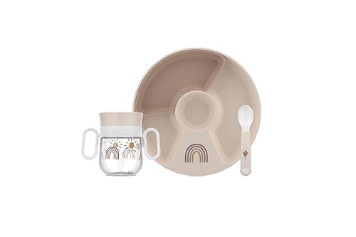 Mepal - Babygeschirr Set Mio - Inklusive auslaufsicherem Trinklernbecher, Kinderteller mit Unterteilung & Lernlöffel - Spülmaschinengeeignet & BPA frei - 3-teilig Set - Sunshine & Rainbow von Mepal