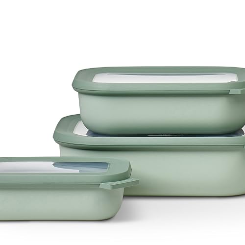 Mepal - Cirqula Multischüssel Set 3–teilig rechteckig Nordic sage – 500, 1000, 2000 ml – Verwendbar als Vorratdose, Kühlschrankdose, Gefrierdose, Mikrowellegeschirr & Servierschale mit Deckel von Mepal