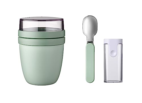 Mepal - Klapplöffel Set mit Lunchpot Ellipse - Praktischer Joghurtbecher & Müslibecher - Unterteilung für Joghurt & Müsli - Geeignet für Gefrierschrank, Mikrowelle & Spülmaschine - Nordic Sage von Mepal